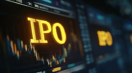 Close-up of golden stock market ticker displaying IPO with financial charts, symbolizing investment opportunities and capital market growth. Financial business and trading concept.