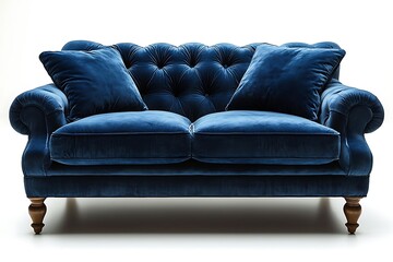 Elegant blue loveseat with wood trim high resolution picture