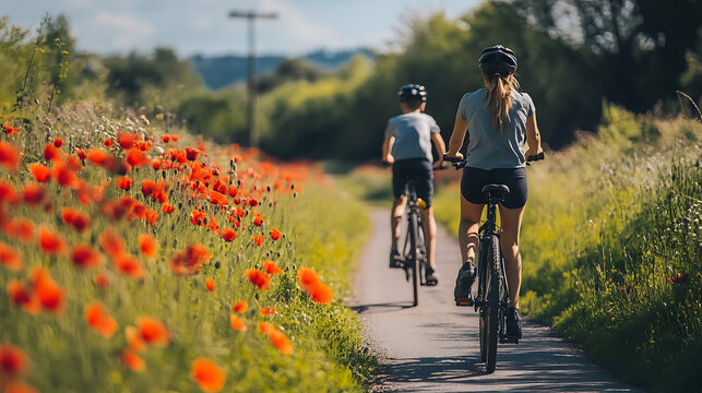 Family bike ride through quiet countryside roads, surrounded by wild poppy fields - Powered by Adobe