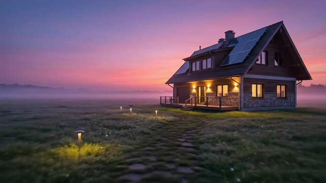 A Serene Rustic House at Dusk Surrounded by Lush Green Fields Under a Vibrant Purple Sky and Gentle Fog, Evoking Tranquility and Natural Beauty