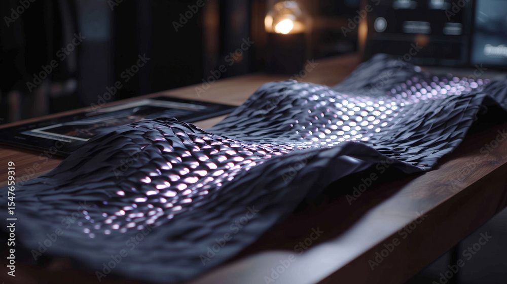 Poster A cutting-edge nanofabric stretches over a wooden surface, displaying futuristic patterns and embedded light.
