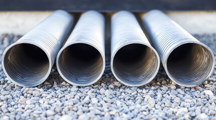 Fototapeta premium Close-Up View of Metal Pipes on a Gravel Surface in Natural Light