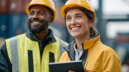 Diverse Team in Container Terminal Discussing Logistics and Efficiency