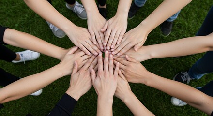 Group of People Putting Hands Together on Grass for Unity