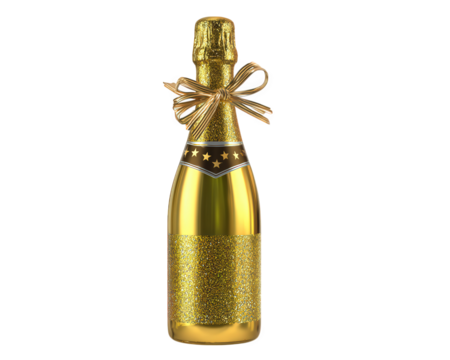 Golden champagne bottle with glitter label, gold foil, decorative bow, and star pattern, isolated on transparency background, festive and elegant for celebration or party decoration
