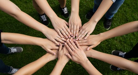 Fototapeta premium Group Putting Hands Together in Team Spirit on Green Grass