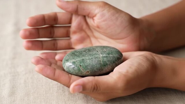 Yoni two gentle hands cradle a smooth green moss agate stone. Suitable for wellness, spiritual, healing, relaxation content and product promotions.