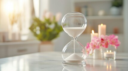A luxurious, crystal-clear hourglass with sand flowing smoothly from the top bulb to the bottom