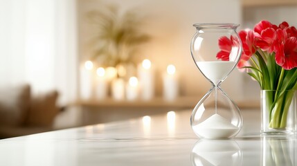 A luxurious, crystal-clear hourglass with sand flowing smoothly from the top bulb to the bottom