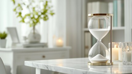 A luxurious, crystal-clear hourglass with sand flowing smoothly from the top bulb to the bottom