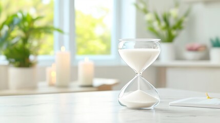 A luxurious, crystal-clear hourglass with sand flowing smoothly from the top bulb to the bottom
