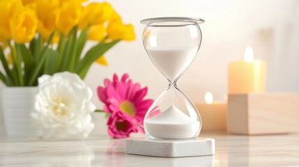 A luxurious, crystal-clear hourglass with sand flowing smoothly from the top bulb to the bottom