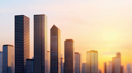 Modern Urban Skyline at Sunset with Glowing Windows and Tall Buildings Against a Colorful Sky
