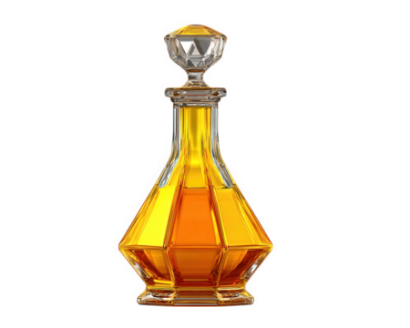 Elegant crystal decanter with golden liquid, geometric stopper, luxury glassware, reflective surface, sophisticated style, isolated on transparency background