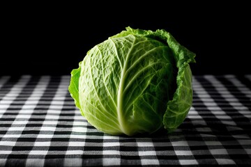 Cabbage on Checkerboard Table A fresh cabbage head centered on a black and white checkered tablecloth under harsh light.