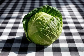 Cabbage on Checkerboard Table A fresh cabbage head centered on a black and white checkered tablecloth under harsh light.
