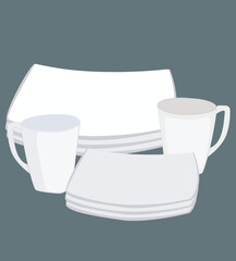 vektor ceramic plates and cups.Clean shiny dishes and porcelain kitchen with dishwashing liquid detergent bottle