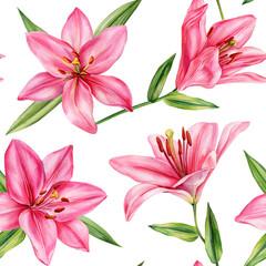 Fototapeta premium Seamless Watercolor Floral Pattern of Large Pink Lilies and Green Leaves on White Background
