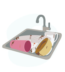 dirty dishes in the sink. Pile of dirty dishes at kitchen metallic sink with faucet vector 