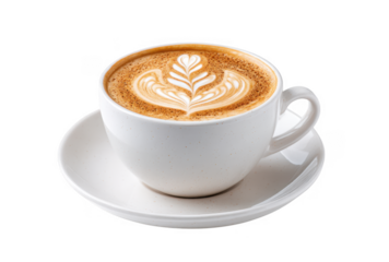 A beautifully crafted cup of latte art featuring a delicate leaf design. placed on a simple white saucer. set against a clean. bright background. ideal for coffee-related content