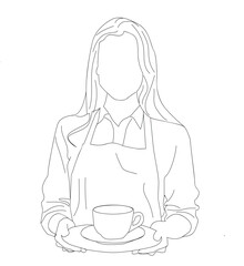  Continuous one line drawing the waiter brings coffee. Young caucasian waitress holding a coffee