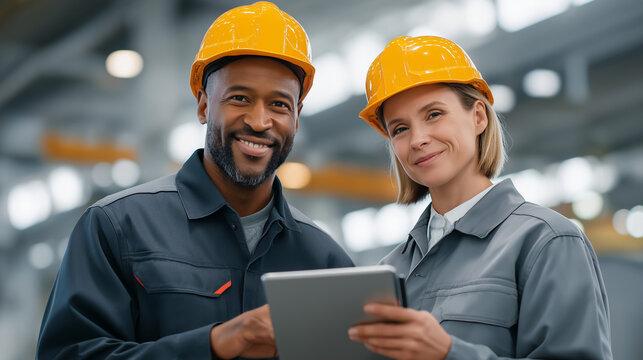 Engineers Collaborating in Steel Manufacturing Factory Using Tablet