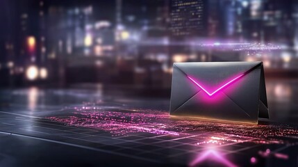 A large, futuristic envelope with a neon email symbol glowing on its front, sitting atop a grid-like digital floor