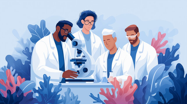 A diverse team of scientists working in a modern medical research lab