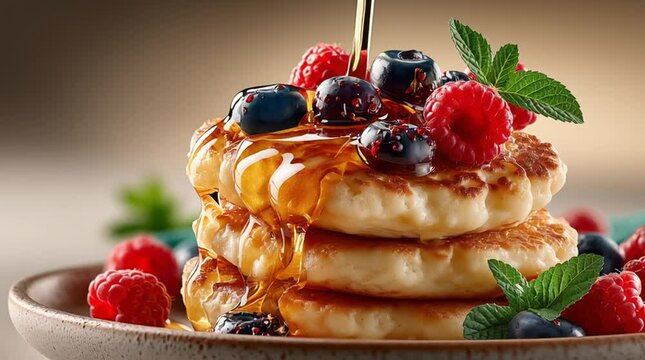 tack of fluffy pancakes floating slightly above a ceramic plate, with a stream of golden maple syrup being poured from above