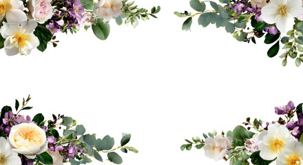 Floral border frame with pink, purple, and white flowers and green leaves, botanical corner decoration for wedding design, greeting cards, or invitations, isolated on transparent background.