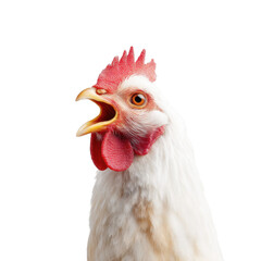 A close-up of a white rooster with vibrant red comb and wattles. vocalizing energetically against a plain white background. showcasing its detailed feathers and expressive features