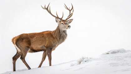 Fototapeta premium Majestic red deer stag standing in snowy winter landscape, looking right