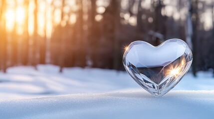 A crystal heart, sparkling in the light, resting on a snowy surface, with a serene winter forest and falling snowflakes
