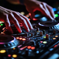 Obraz premium Digital Symphony: Close-up view of a DJ manipulating sound on a mixing board, bathed in the vibrant glow of a party setting, illustrating the art of music