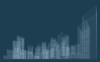 3D wireframe perspective of building. Abstract wireframe city background for template design. Vector illustration.