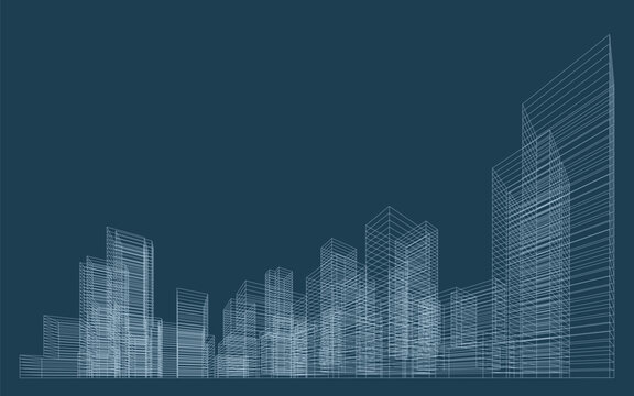 3D wireframe perspective of building. Abstract wireframe city background for template design. Vector illustration.