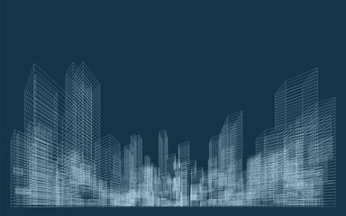 3D wireframe perspective of building. Abstract wireframe city background for template design. Vector illustration.