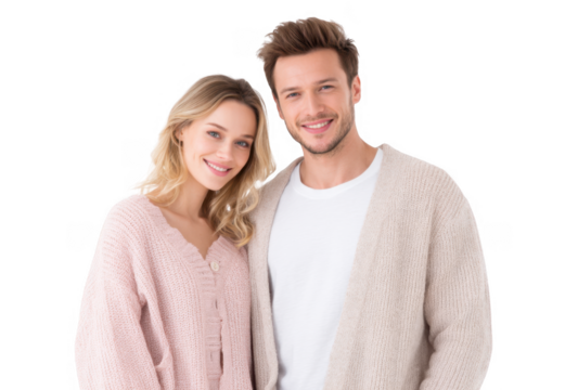 A young couple smiles warmly at the camera while wearing cozy sweaters. standing against a clean white background. ideal for showcasing fashion trends or lifestyle choices
