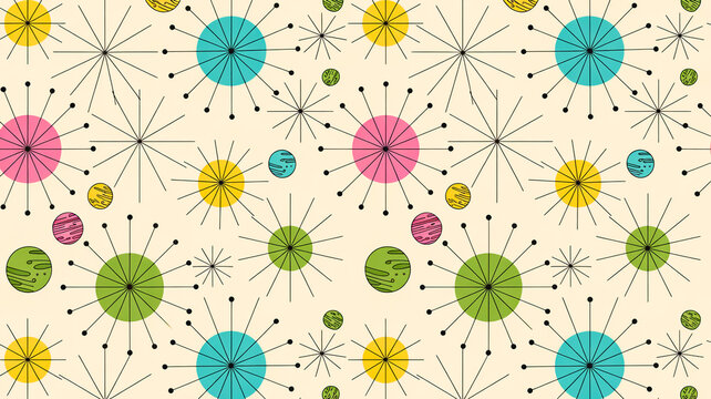 A mid-century modern pattern design featuring retro atomic starbursts scattered across a light cream-colored background