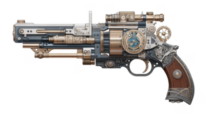 A detailed steampunk-inspired pistol with intricate gears. brass and silver components. and a wooden grip. set against a neutral background. showcasing craftsmanship and design innovation