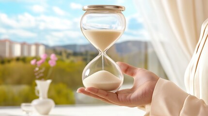 A hand delicately holding a sleek, modern hourglass with translucent glass, while the sand pours