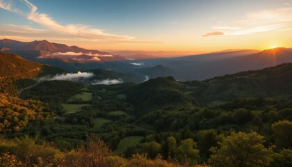 Obraz premium Panoramic View of Mountains and Valleys with Sunset Sky and Warm Colors