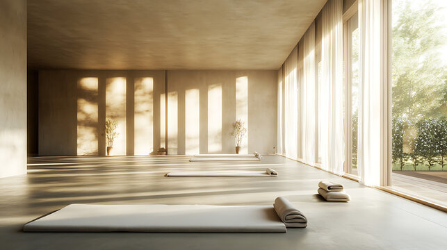 Bright yoga studio with mats and towels bathed in sunlight streaming through large windows and curtains