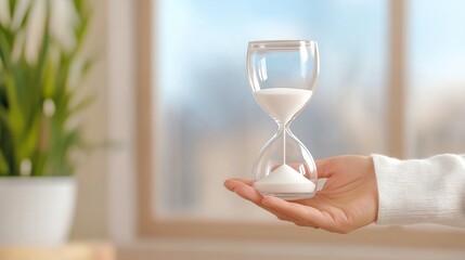 A hand delicately holding a sleek, modern hourglass with translucent glass, while the sand pours