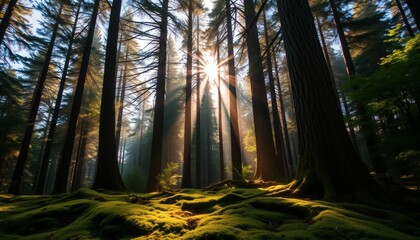 Obraz premium Sunlight Streams Through Majestic Trees in a Lush Green Forest at Golden Hour