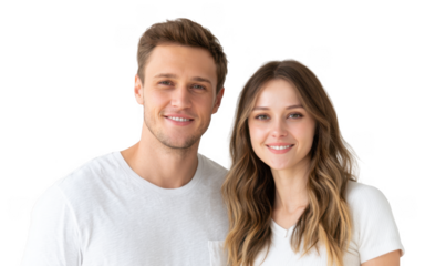 A cheerful young couple smiles at the camera. showcasing their happiness and connection. set against a simple white background. ideal for lifestyle and relationship-themed content