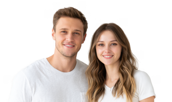 A cheerful young couple smiles at the camera. showcasing their happiness and connection. set against a simple white background. ideal for lifestyle and relationship-themed content