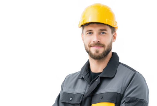 A confident construction worker wearing a yellow hard hat and a gray and black work jacket stands with a smile. ready for a project. with a clean white background suggesting a professional environme - Powered by Adobe