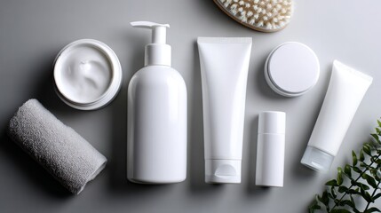 White cosmetic tubes and containers arranged flat lay style on soft gray background