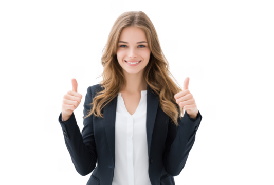 A cheerful young woman in a business suit giving a thumbs-up gesture. symbolizing success and positivity. set against a plain white background. ideal for corporate or motivational themes